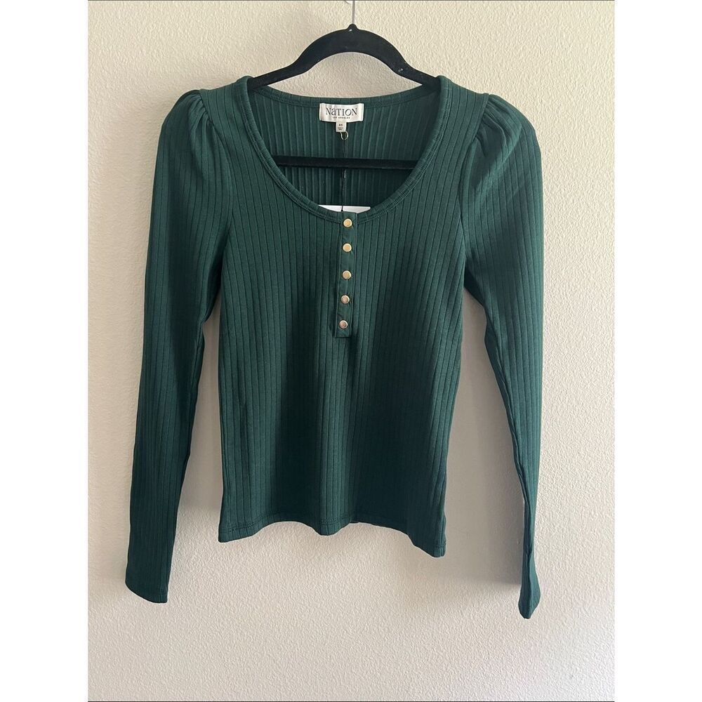Nation LTD Reeya Henley Ribbed Knit Puff Sleeve Top Green Long Sleeve NWT XS